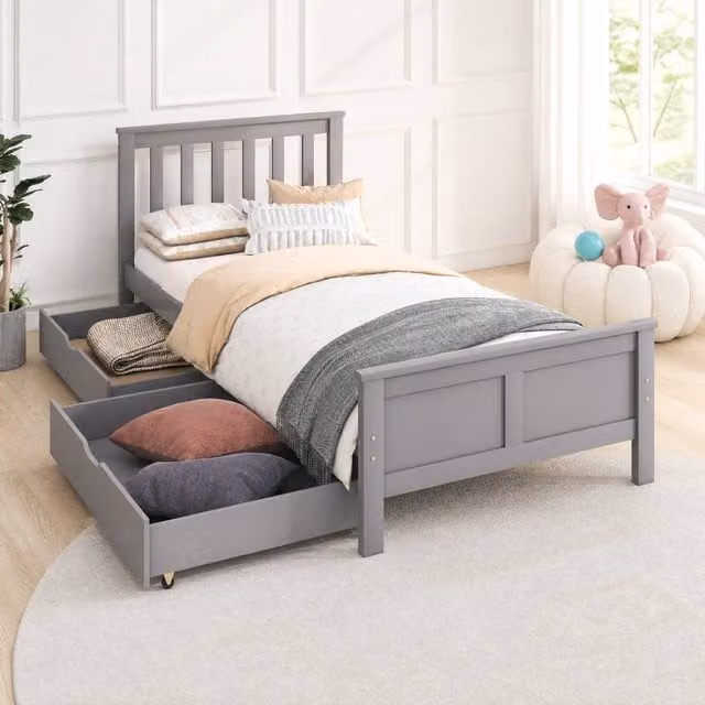 STILVORA Single Bed Frame with Storage Drawers in Grey Finish, W/D/H: 90 x 190 cm