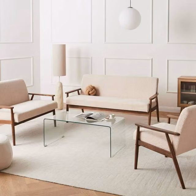 Wyld and Coco 3 Piece Mid-Century Retro Living Room Set in Beige and Dark Brown Rubberwood – 1