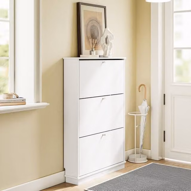 SoBuy Modern White Slim Shoe Cabinet with Tilting Compartments and Internal Shelves