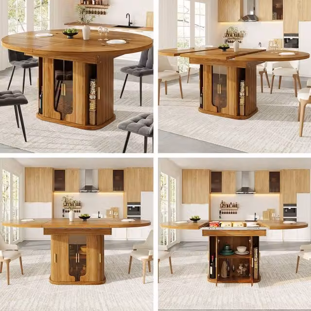 BTM Extendable Round Dining Table in Walnut Brown with Glass Top, Diameter: 118-158 cm, Height: 75 cm – 1