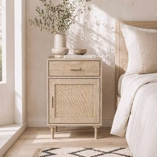 Wyld Haus Basose Natural Wood Effect Rattan Bedside Table with Drawer and Door in Brown and Beige, W: 40.0 cm, D: 40.0 cm, H: 68.5 cm