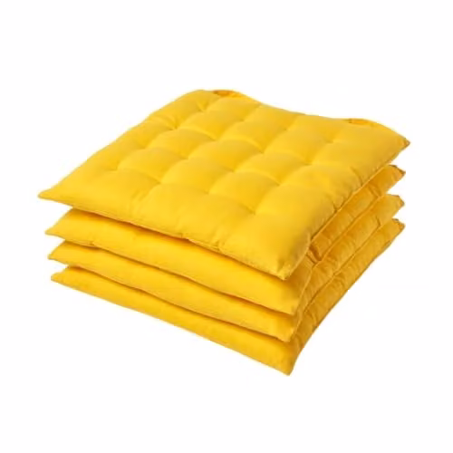 Homescapes Yellow Quilted Cotton Seat Pads with Ties, Set of 4, W/D/H: 40 x 40 x 6.5 cm
