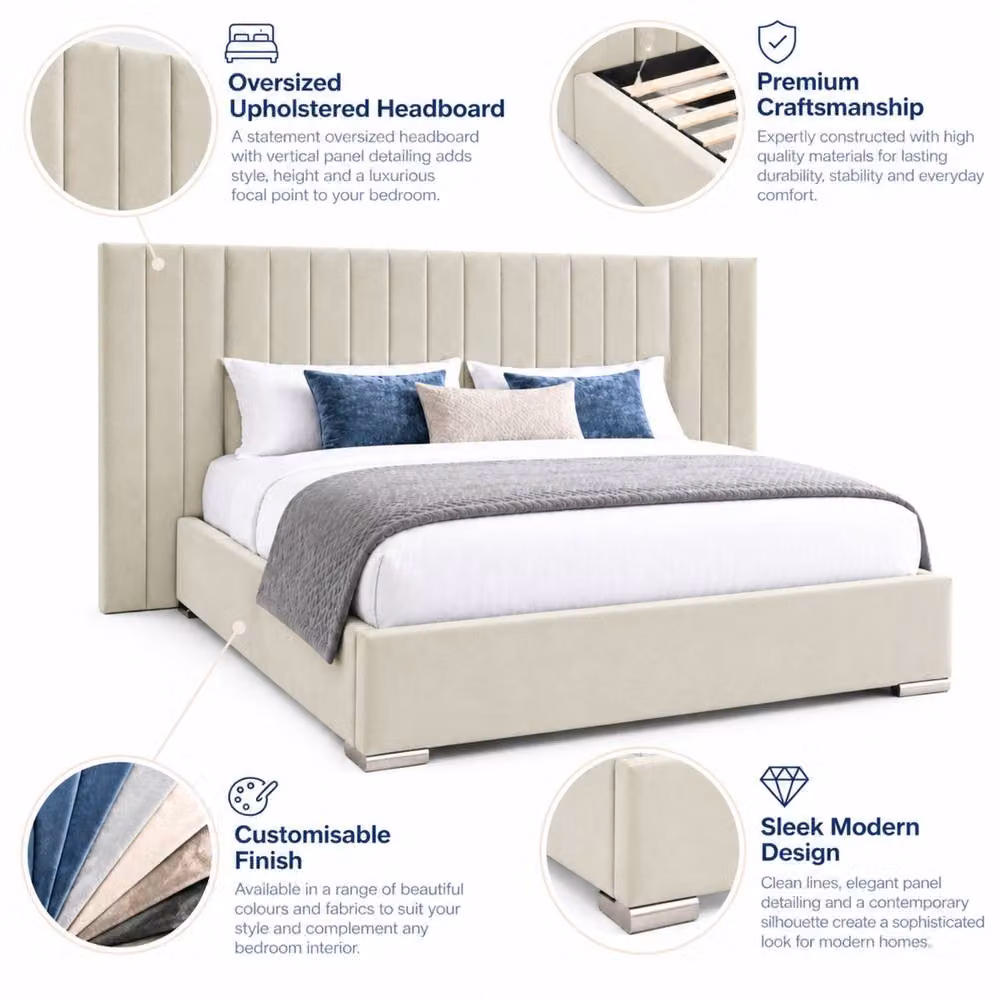 Stratus Interiors Raphael Extra Wide Upholstered Panel Bed with Gas Lift Storage in Beige, W/D/H: 140 x 200 cm – 2