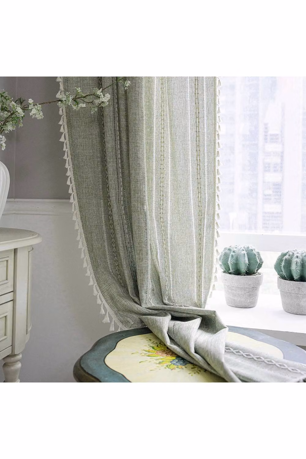 Living and Home Bohemian Striped Faux Linen Curtain with Tassels in Green, Width: 180 cm – 2