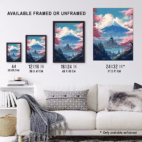 Artery8 Japanese Temple on Mount Fuji Lake Landscape Wall Art Print, Green, Blue and Pink Cherry Blossom Trees Paper Poster – 3