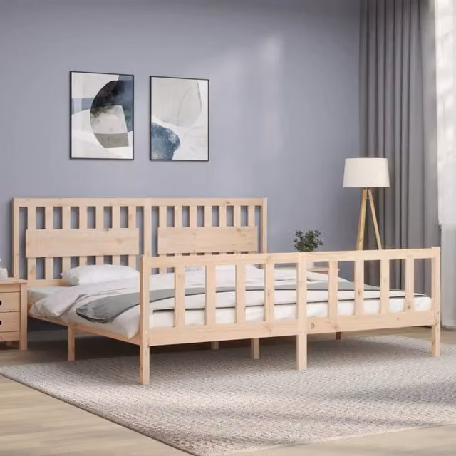 Berkfield Home Beautiful Bed Frame with Headboard in Brown Solid Pine Wood W/D/H: 200 x 100 x 205.5 cm