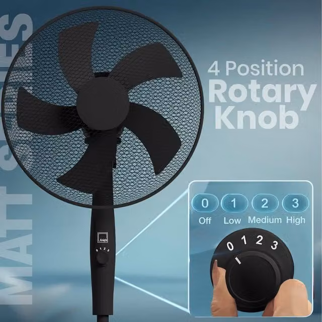 Knight 16 inch Pedestal Fan with Oscillation and Rotary Knob, Matt Finish, White and Matt Black