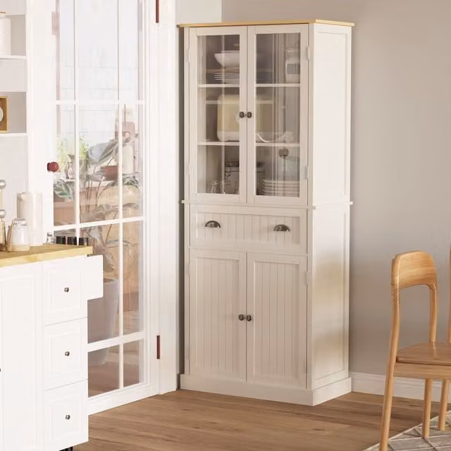 HOMCOM White 5-Tier Kitchen Cupboard Tall Storage Unit with Glass Doors and Adjustable Shelves, H: 182.5 cm, W: 76.0 cm – 1