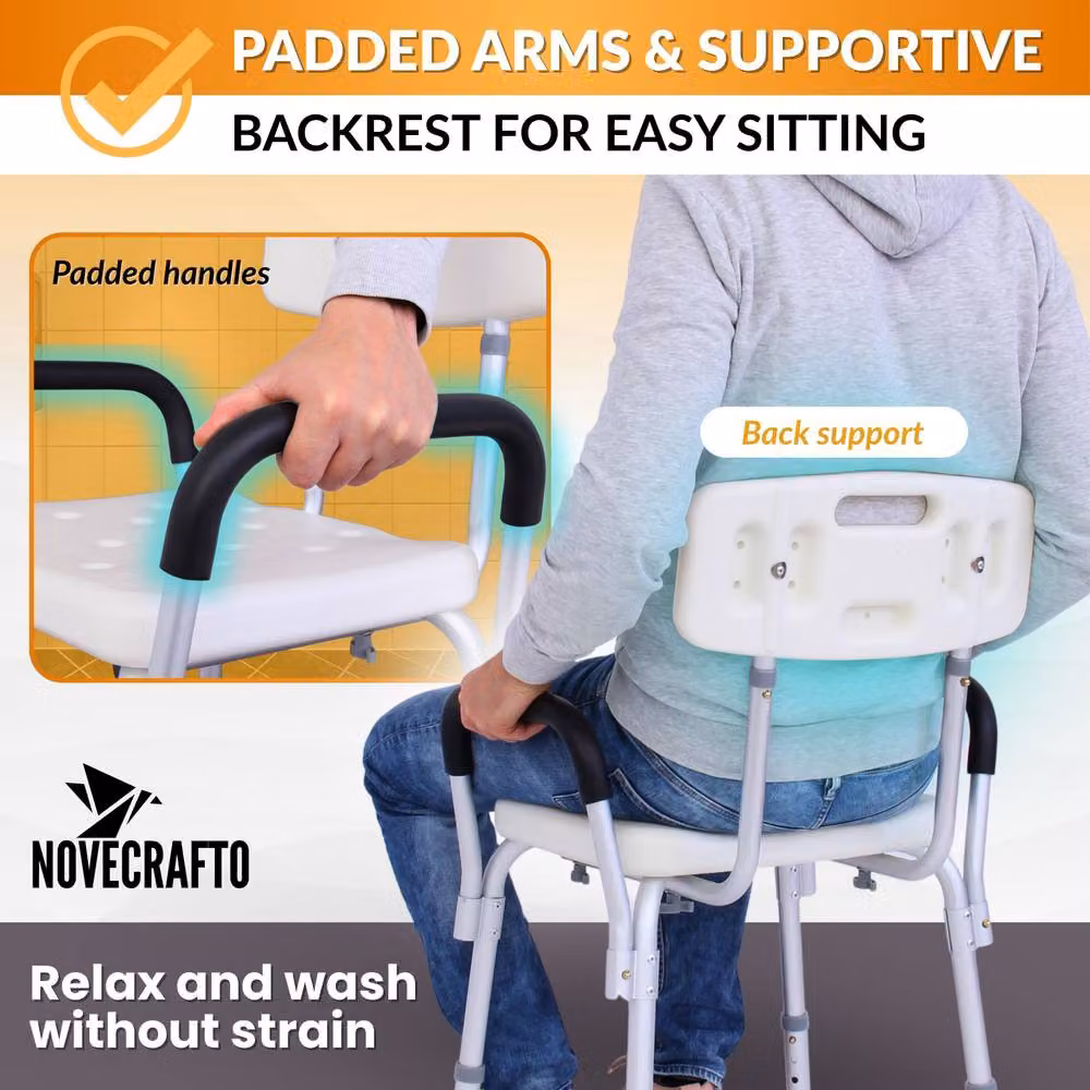 Novecrafto Adjustable Aluminium Shower Chair with Arms and Backrest in White – 3