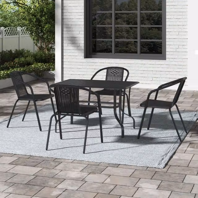 Breeins Black Matt Metal and Polyrattan Garden Dining Set with One Rectangular Table and Four Chairs