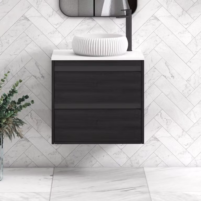 Royal Bathrooms Orion 600mm Hale Wall Hung Vanity Unit with Milan Basin in White and Black Accent Trim