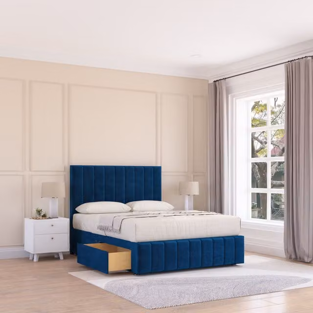 Sloomy Manhattan Double Divan Bed Base with 54 inch Floor Standing Headboard in Navy Blue Velvet