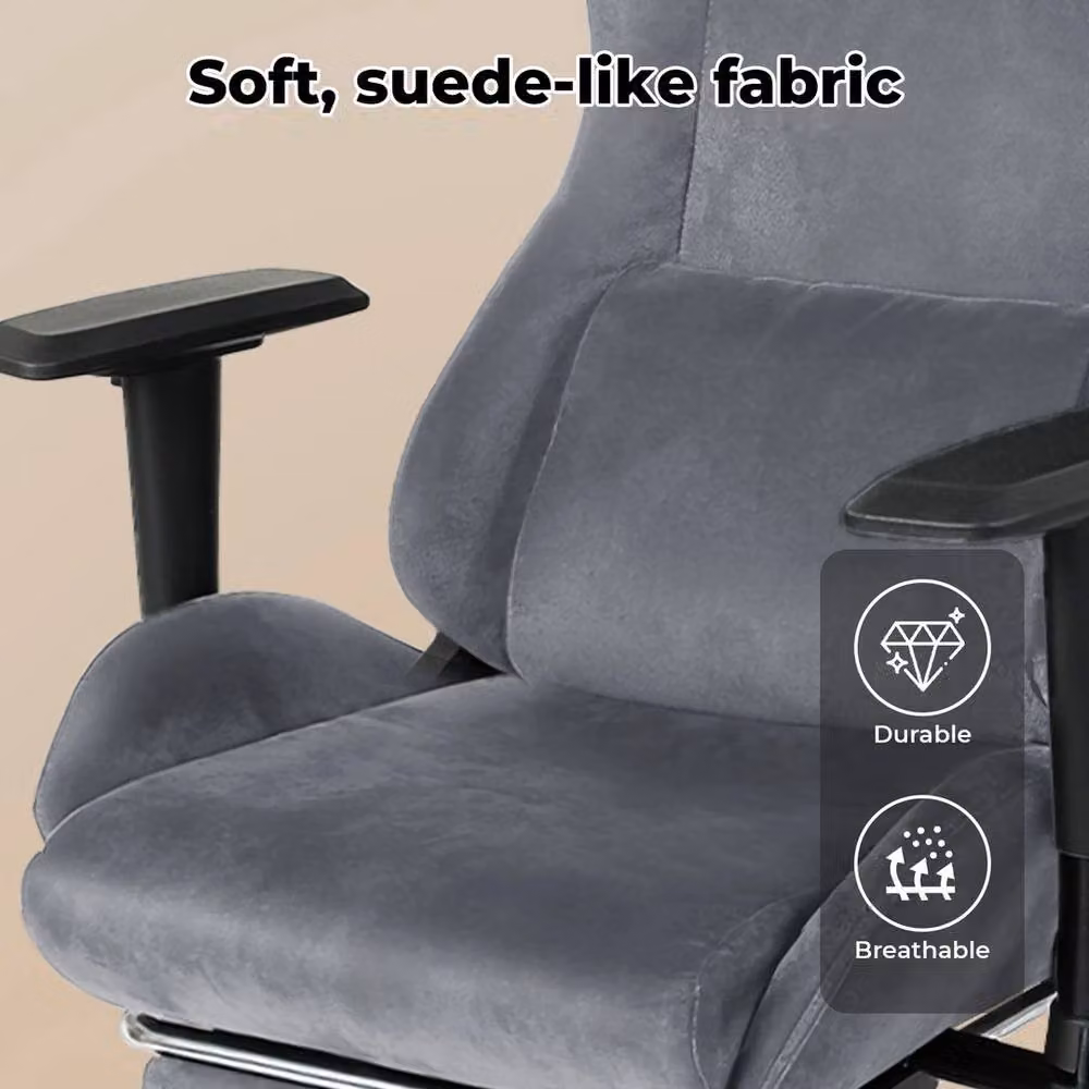 VOGREX Grey Microfibre Adjustable Reclining Gaming Chair with Footrest and Headrest – 5