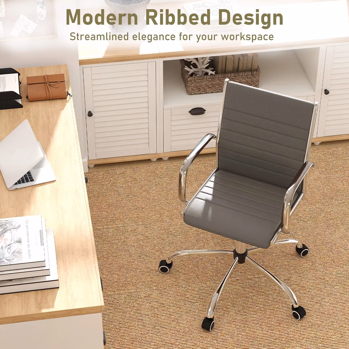 Costway Grey Synthetic Leather Swivel Office Chair with Armrests and Castors – 7