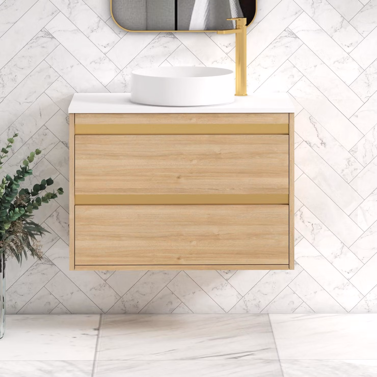 Royal Bathrooms Orion 800mm Natural Oak Wall Hung Vanity Unit with Plain White Countertop, 2 Drawers, Art Basin and Brushed Brass Accent Trim