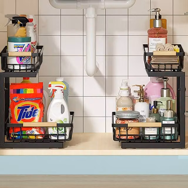 Voltico Set of 2 Black Metal Under Sink Pull-Out Basket Storage Organisers