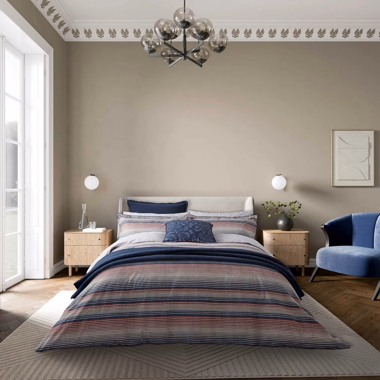 Bedeck of Belfast Stafford Floral Cotton and Modal Duvet Cover and Pillowcase Set, Blue and Red, W: 140 cm, L: 200 cm – 2