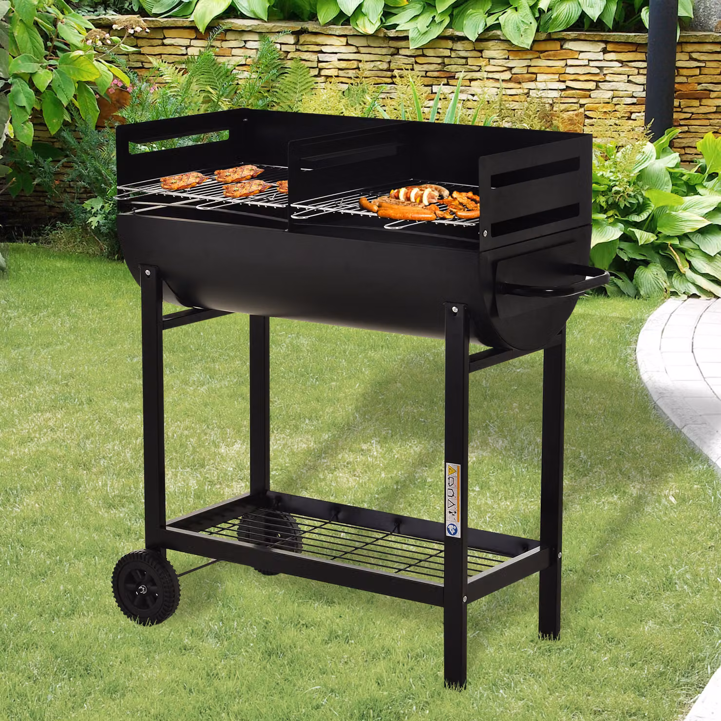 Outsunny Charcoal Barbecue Grill Trolley in Black with Dual Grill Nets and Wheels, Steel Construction, W/D/H: 96 x 90 x 45 cm – 2