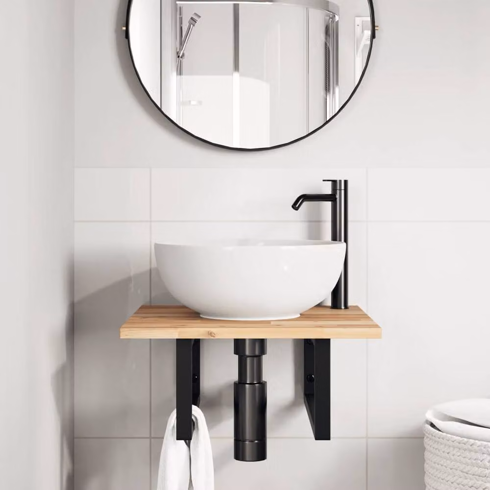 Berkfield Home Wall Mounted Basin Shelf in Brown Acacia Wood and Steel – 2