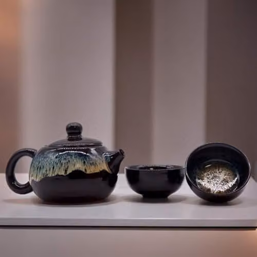 KDMD Herbal Black Glaze Ceramic Teapot Set with Pot and Two Cups, Black