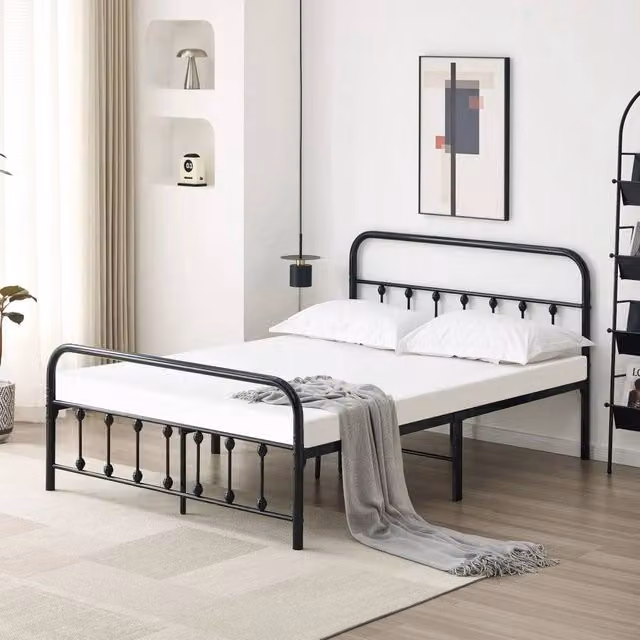 FLAVORA Metal Double Bed Frame with Headboard and Underbed Storage in Black, 140 x 200 cm