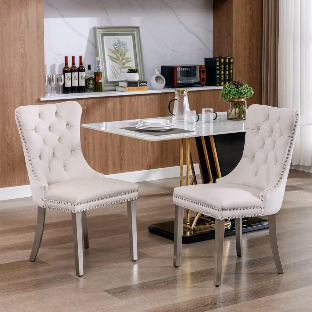 HomeTouch Winchester Set of 6 Beige Velvet Upholstered Kitchen Dining Chairs with Silver Chrome Legs – 3