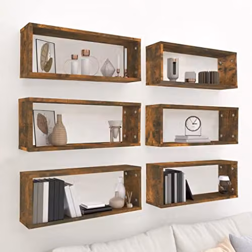 vidaXL 6-Piece Wall Mounted Cube Shelves in Smoked Oak, W: 60 cm, D: 15 cm, H: 23 cm – 2