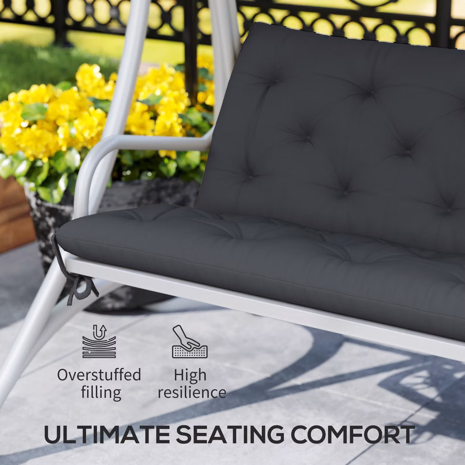 Outsunny Black Rectangular Garden Bench Cushion with Water Repellent Polyester Fabric and Ties, W: 150 cm, D: 98 cm – 5