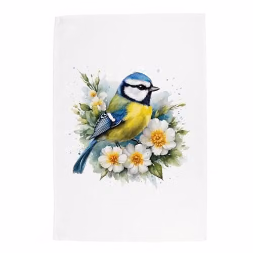 Purely Home Blue Tit Floral Cotton Tea Towel in White and Blue, W: 67 cm, H: 45 cm