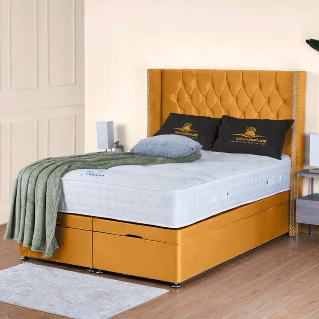 UK Bed Furniture Francesca End Lift Divan Ottoman Bed with 54 Inch Diamond Headboard in Yellow Velvet, W/D/H: 90 x 190 cm – 1