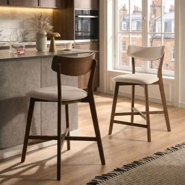 Wyld and Coco Set of 2 Armless Retro Bar Chairs in Brown Rubberwood and Off-White Fabric – 1