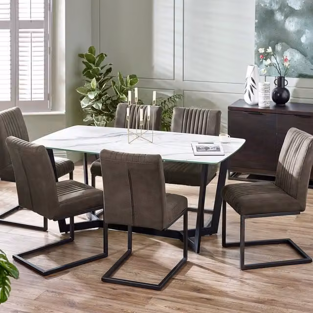 Julian Bowen Olympus White Marble Effect Rectangular Dining Table and Brooklyn Chairs Set in Grey