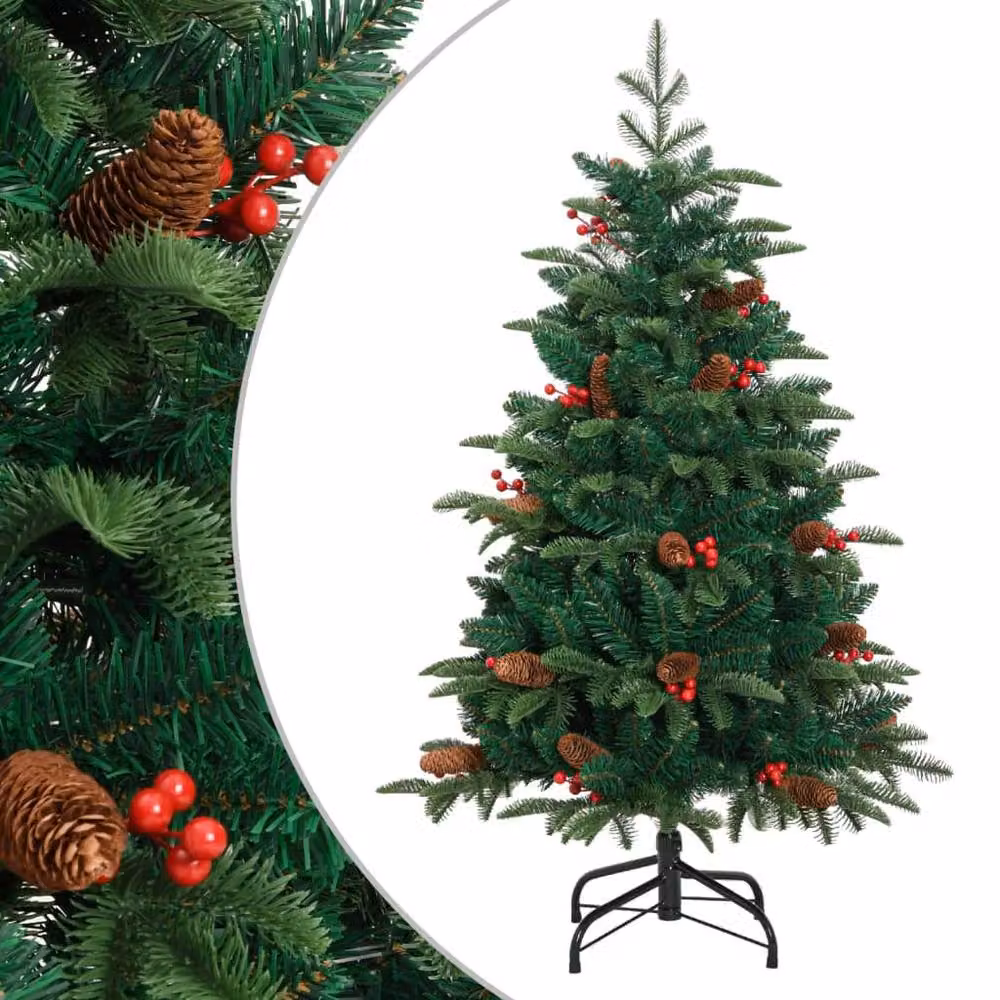 Berkfield Home Beautiful Artificial Hinged Christmas Tree with Cones and Berries in Green and Red, H 150 cm x W 100 cm x D 100 cm – 2