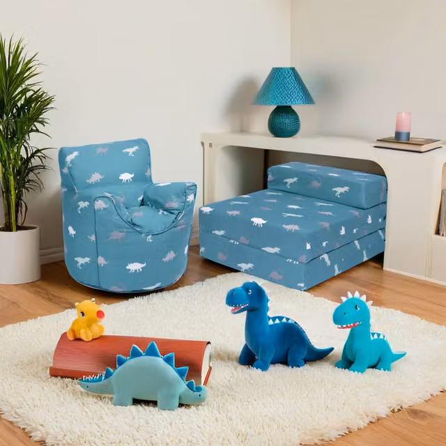Ready Steady Bed Rex Printed Kids Bean Bag Armchair and Folding Z Bed Mattress in Blue Animal Print