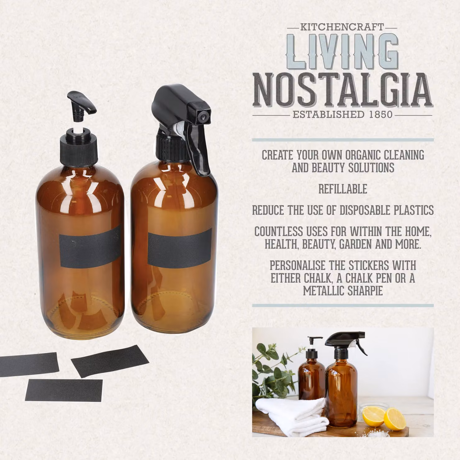 KitchenCraft Living Nostalgia 2pc Refillable Glass Pump and Spray Bottle Set in Brown – 3
