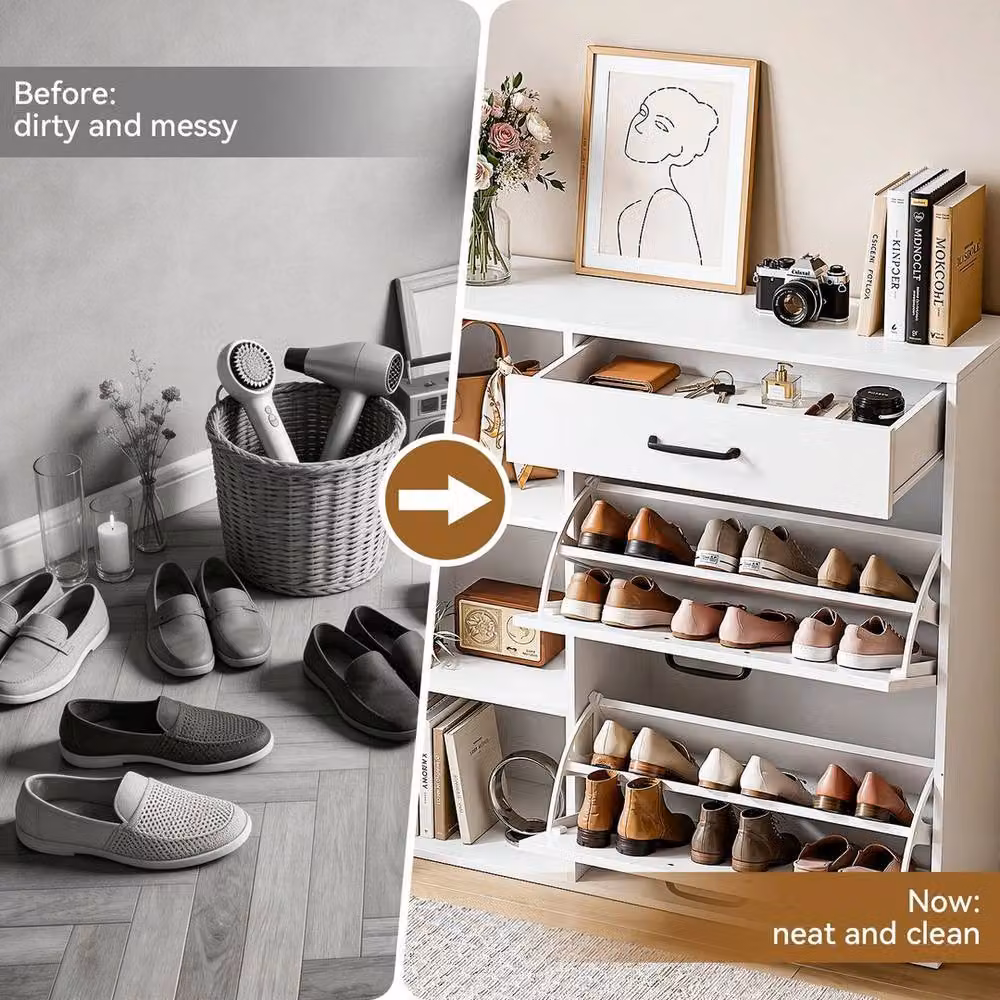 NESTLUNE 4 Tier White Shoe Storage Cabinet with Drawer and Tilting Compartments, W: 100 cm, D: 15 cm – 3