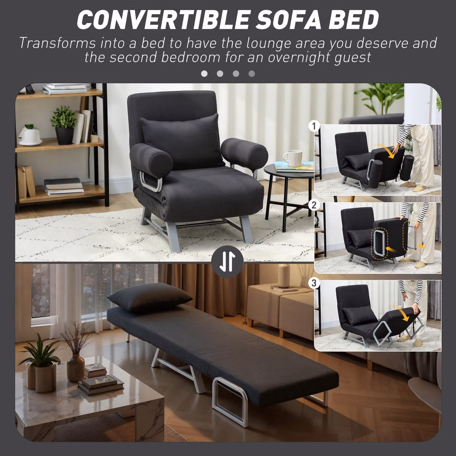 HOMCOM 3-in-1 Convertible Single Sofa Bed with Adjustable Backrest and Removable Armrests, Black – 4