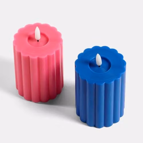 OHS Set of 2 Ribbed Flameless LED Pillar Candles with Flickering Effect in Pink and Blue