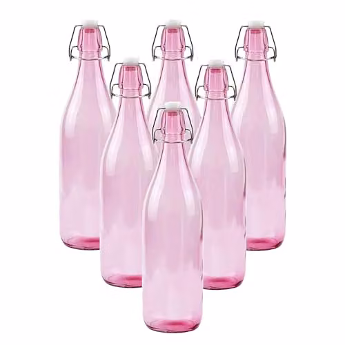 Simpa Set of 6 Pink and White Traditional Vintage Style Glass Bottles with Swing Top Lids, 1 l