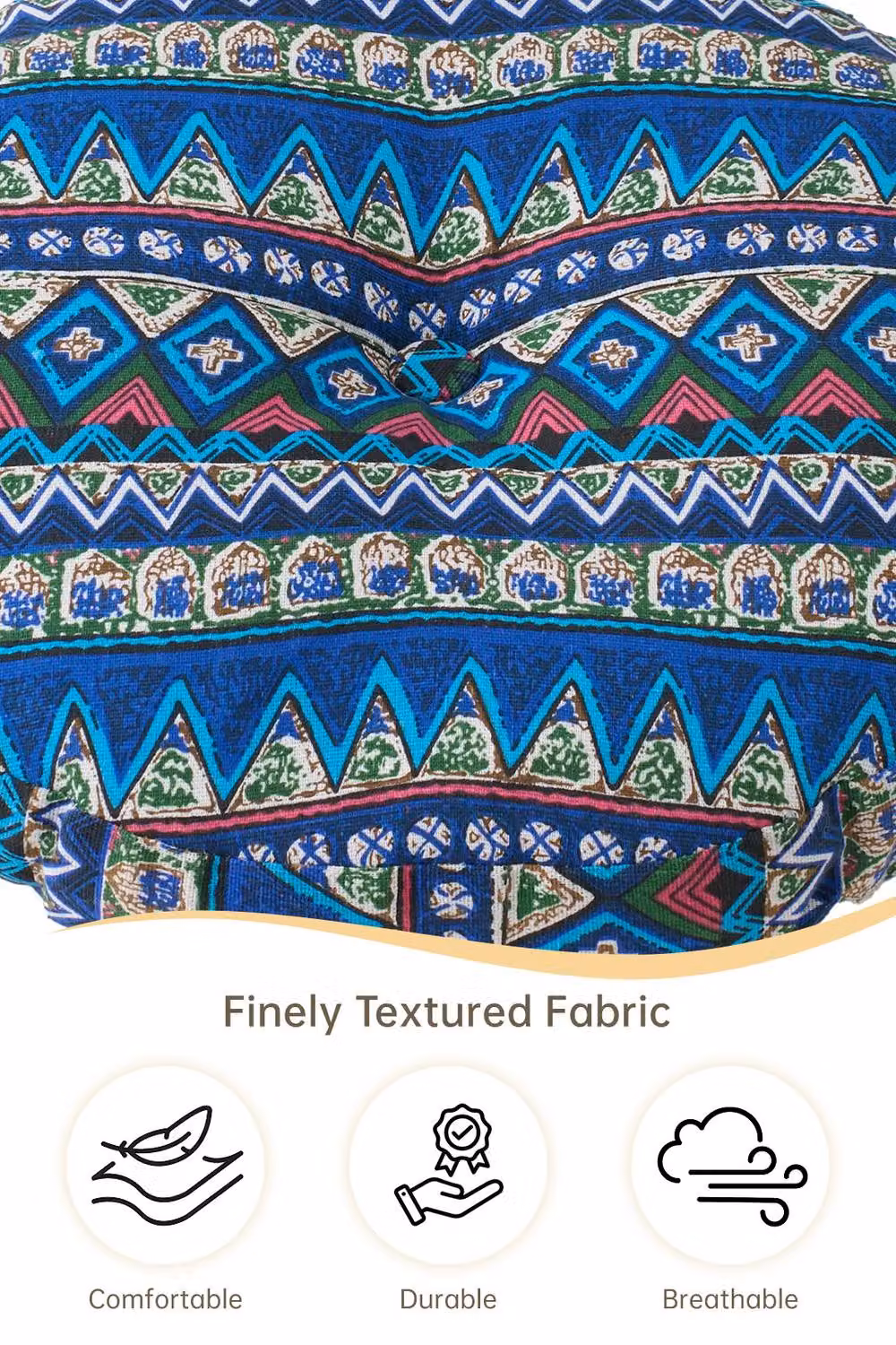 Living and Home Bohemian Style Round Linen Floor Cushion in Blue with Removable Cover – 3