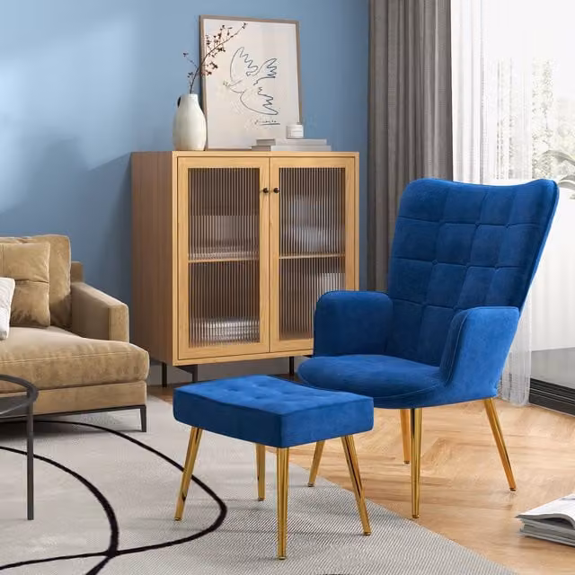 HOMCOM Blue Velvet Button Tufted Armchair with Integrated Ottoman and Gold Metal Legs