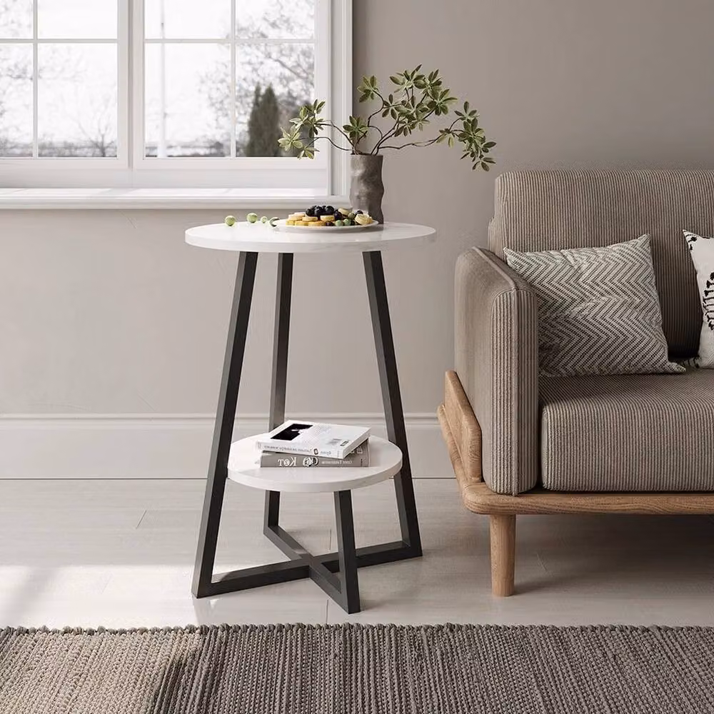 PAWNORA Modern 2-Tier Round White Coffee Table with MDF and Metal Construction – 4