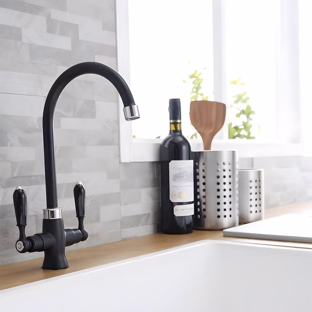 Heable Matte Black Brass Dual Lever Kitchen Mixer Tap with Swivel Spout – 2