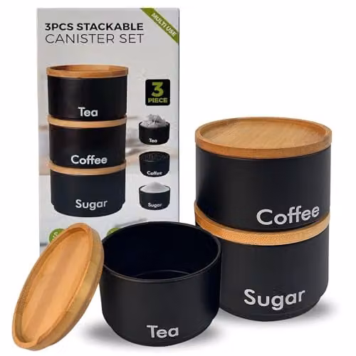 MantraRaj 3-Piece Black Metal Tea, Coffee and Sugar Canister Set with Airtight Bamboo Lids
