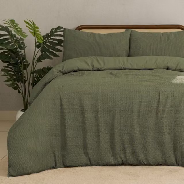 MHG Living Modern Chunky Waffle Duvet Cover and Pillowcase Set in Green, W: 180 cm x H: 200 cm