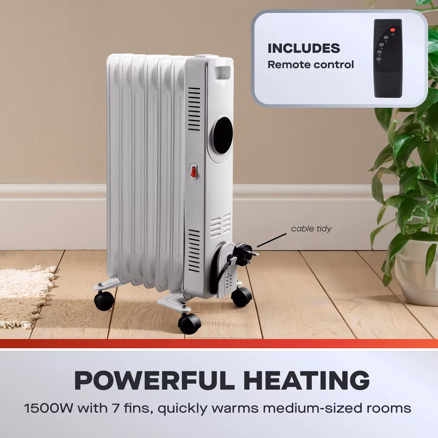 Daewoo 1500W 7-Fin Digital Oil Filled Radiator with Remote Control, White – 3
