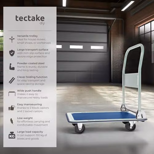 tectake Platform Trolley in Blue with 150 kg Load Capacity, Foldable Handle and Robust Steel Construction – 2
