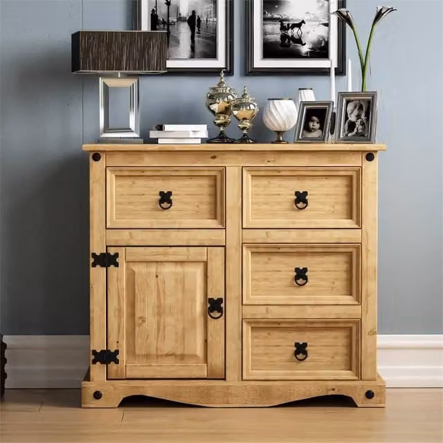 EONLION Solid Pine 1 Door 4 Drawer Sideboard Cabinet in Brown, Width: 100 cm