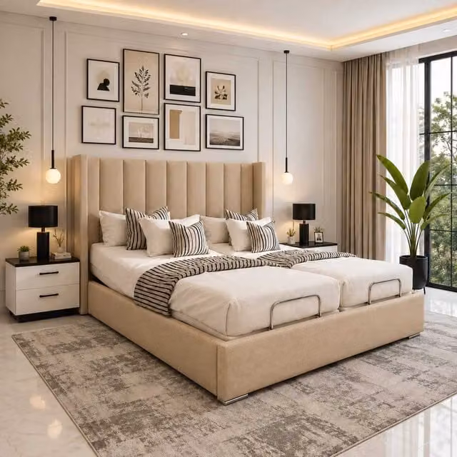 Swan Electric Adjustable Bed with Foam Mattress, Upholstered Headboard and Wireless Remote in Silver, Yellow or Beige