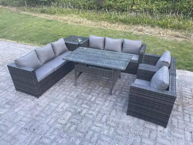 Fimous 8 Seater Rattan Garden Furniture Set with Dining Table, 2 Armchairs and Coffee Table in Dark Grey